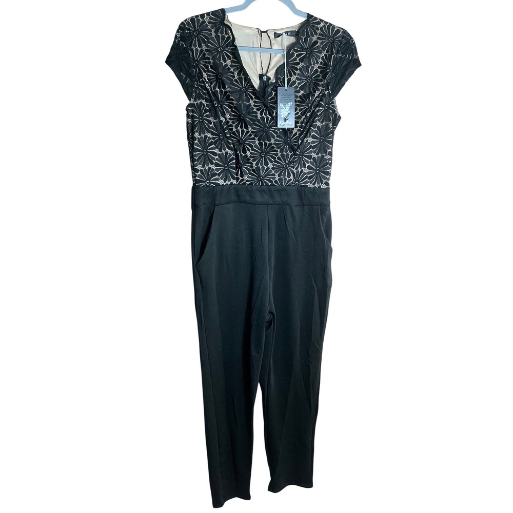 Eagle Rock Womens Black Floral Lace Bodice Jumpsuit Cap Sleeve V-Neck NWT Medium